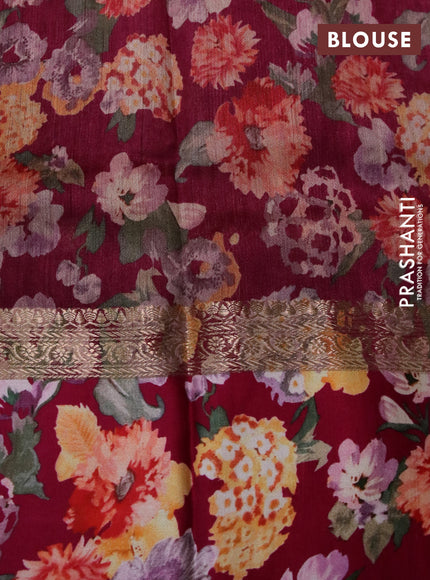Banarasi tussar silk saree wine shade and dark pink with zari woven buttas and zari woven floral digital printed border