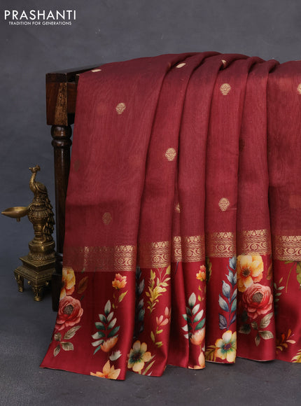 Banarasi tussar silk saree maroon with zari woven buttas and zari woven floral digital printed border