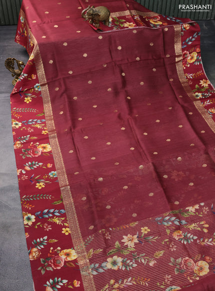 Banarasi tussar silk saree maroon with zari woven buttas and zari woven floral digital printed border
