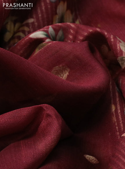 Banarasi tussar silk saree maroon with zari woven buttas and zari woven floral digital printed border