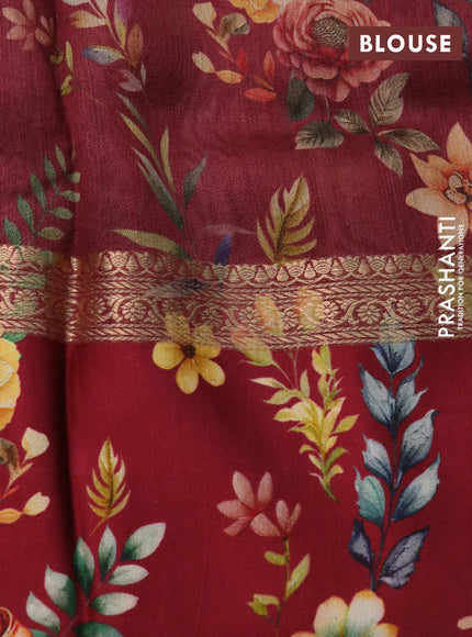Banarasi tussar silk saree maroon with zari woven buttas and zari woven floral digital printed border