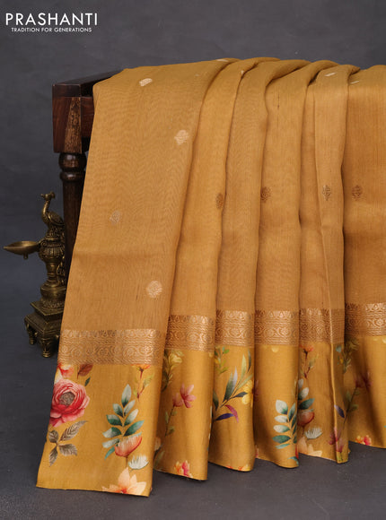 Banarasi tussar silk saree mustard yellow with zari woven buttas and zari woven floral digital printed border