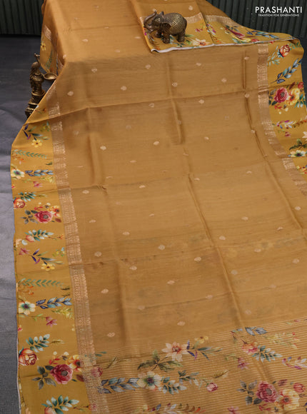 Banarasi tussar silk saree mustard yellow with zari woven buttas and zari woven floral digital printed border