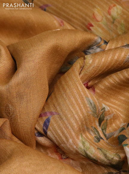 Banarasi tussar silk saree mustard yellow with zari woven buttas and zari woven floral digital printed border