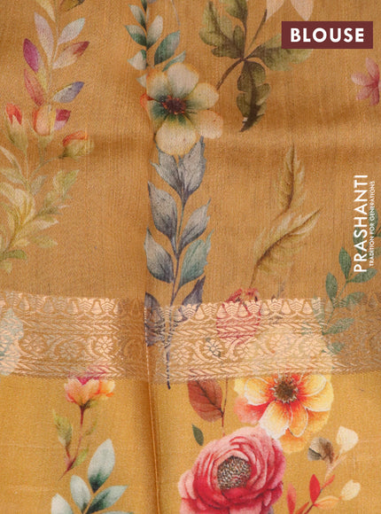 Banarasi tussar silk saree mustard yellow with zari woven buttas and zari woven floral digital printed border
