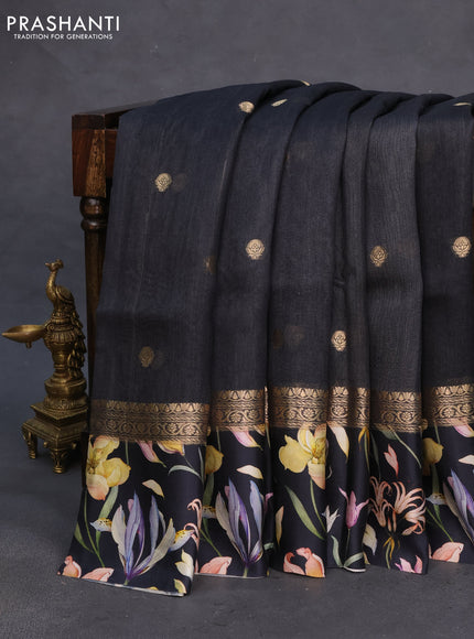 Banarasi tussar silk saree black with zari woven buttas and zari woven floral digital printed border