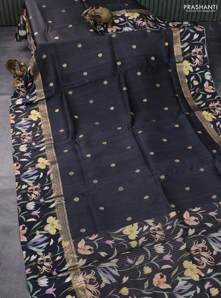 Banarasi tussar silk saree black with zari woven buttas and zari woven floral digital printed border