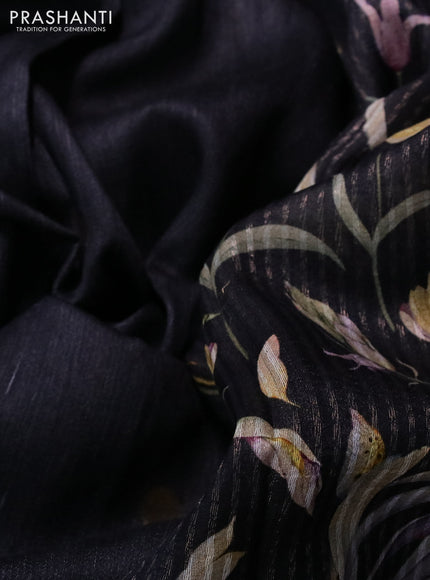 Banarasi tussar silk saree black with zari woven buttas and zari woven floral digital printed border
