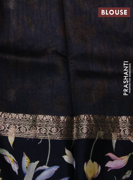 Banarasi tussar silk saree black with zari woven buttas and zari woven floral digital printed border