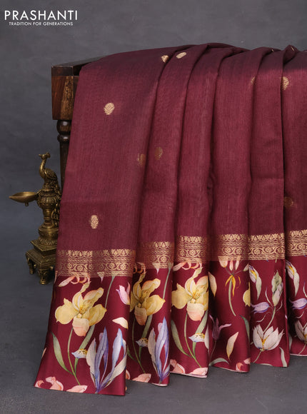 Banarasi tussar silk saree maroon with zari woven buttas and zari woven floral digital printed border