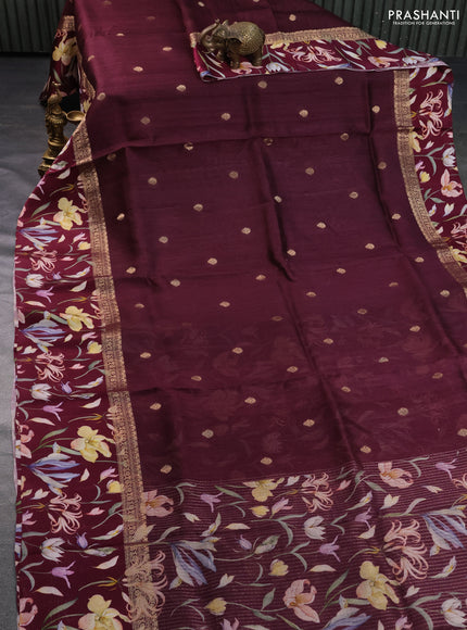 Banarasi tussar silk saree maroon with zari woven buttas and zari woven floral digital printed border