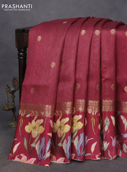 Banarasi tussar silk saree maroon with zari woven buttas and zari woven floral digital printed border