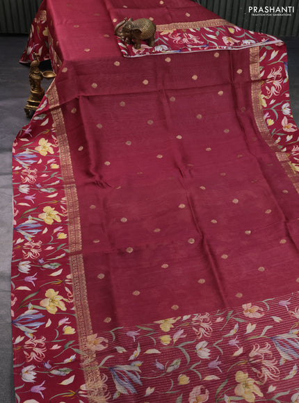 Banarasi tussar silk saree maroon with zari woven buttas and zari woven floral digital printed border