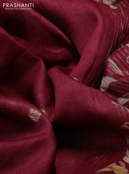 Banarasi tussar silk saree maroon with zari woven buttas and zari woven floral digital printed border