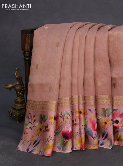 Banarasi tussar silk saree pastel brown and pastel pink with zari woven buttas and zari woven floral digital printed border