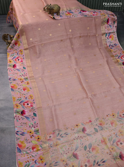 Banarasi tussar silk saree pastel brown and pastel pink with zari woven buttas and zari woven floral digital printed border