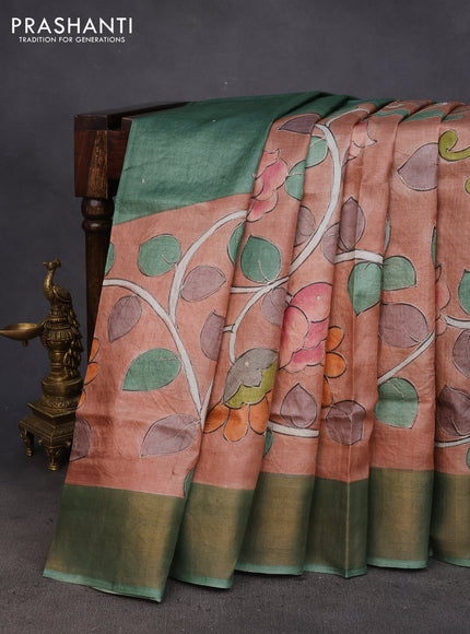 Pure tussar silk saree pastel brown and green with allover kalamkari prints & pita work and zari woven border