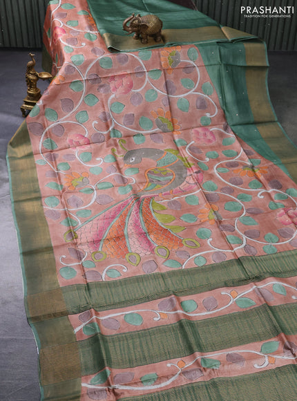 Pure tussar silk saree pastel brown and green with allover kalamkari prints & pita work and zari woven border