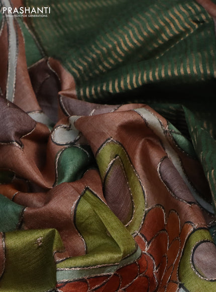Pure tussar silk saree pastel brown and green with allover kalamkari prints & pita work and zari woven border