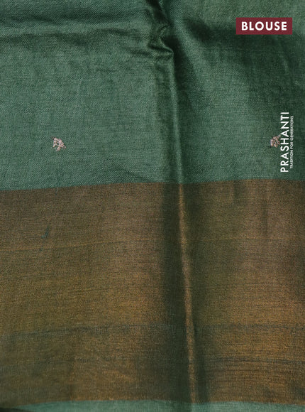 Pure tussar silk saree pastel brown and green with allover kalamkari prints & pita work and zari woven border