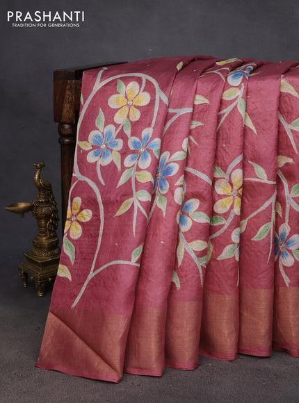 Pure tussar silk saree pastel maroon and maroon with floral prints & pita work and zari woven border