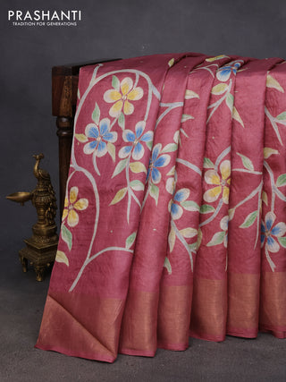 Pure tussar silk saree pastel maroon and maroon with floral prints & pita work and zari woven border