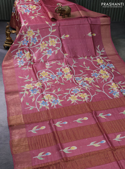 Pure tussar silk saree pastel maroon and maroon with floral prints & pita work and zari woven border