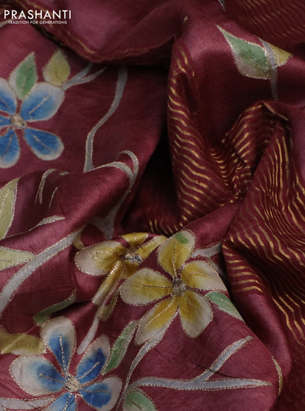 Pure tussar silk saree pastel maroon and maroon with floral prints & pita work and zari woven border
