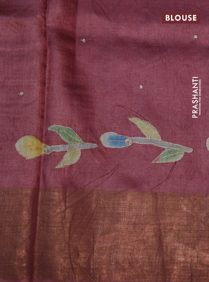 Pure tussar silk saree pastel maroon and maroon with floral prints & pita work and zari woven border