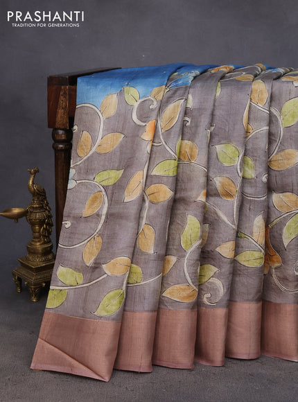 Pure tussar silk saree brown with embroidery work buttas and embroidery work border