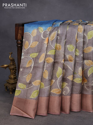 Pure tussar silk saree brown with embroidery work buttas and embroidery work border