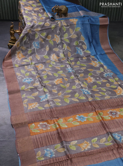 Pure tussar silk saree brown with embroidery work buttas and embroidery work border