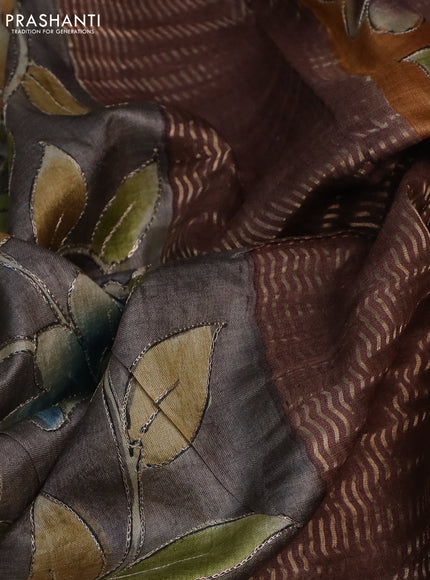 Pure tussar silk saree brown with embroidery work buttas and embroidery work border