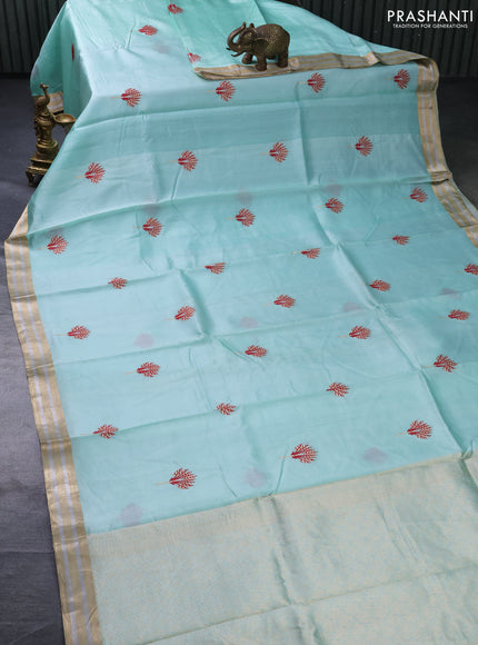 Banarasi katan silk saree teal green shade with thread & zari woven buttas and zari woven border