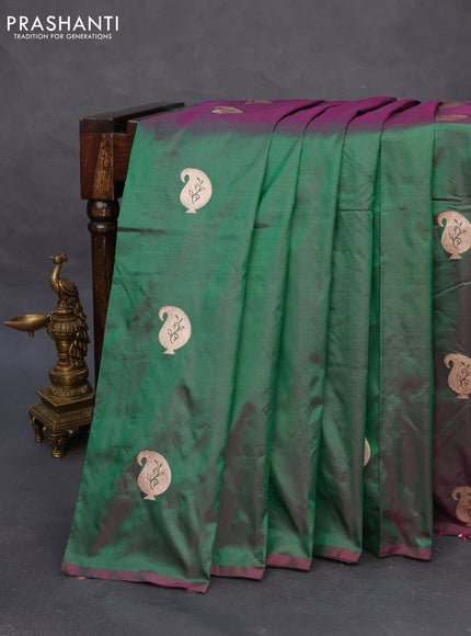 Banarasi katan silk saree dual shade of greenish purple with paisley zari woven buttas in borderless style