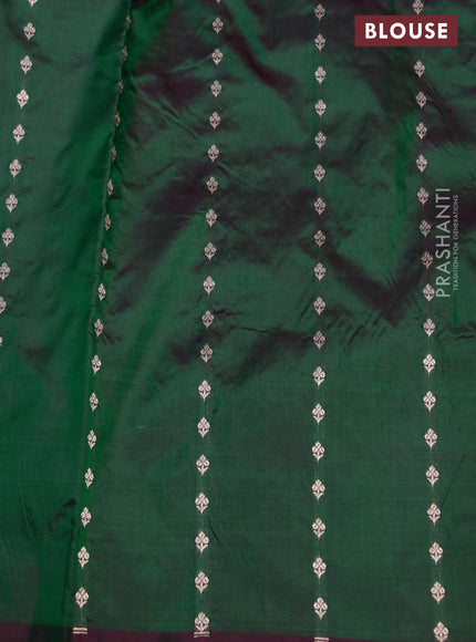 Banarasi katan silk saree dual shade of greenish purple with paisley zari woven buttas in borderless style