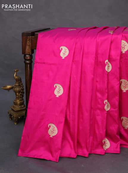 Banarasi katan silk saree magenat pink with paisley zari woven buttas in borderless style