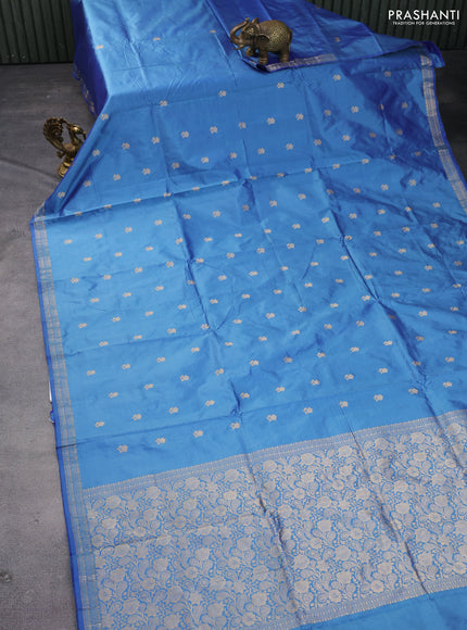 Banarasi katan silk saree blue shade with allover floral zari woven buttas and zari woven border