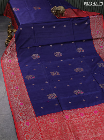 Banarasi handloom dupion silk saree navy blue and red with woven buttas and woven border