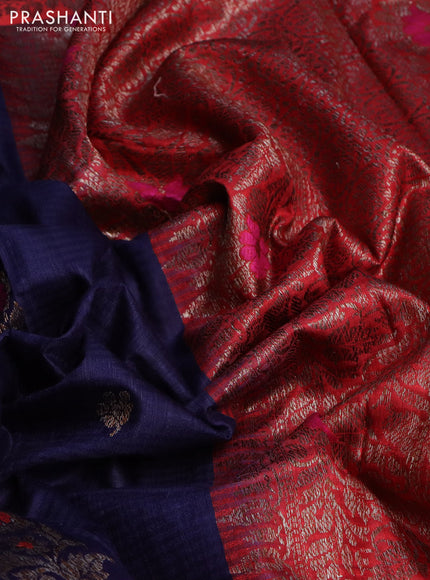 Banarasi handloom dupion silk saree navy blue and red with woven buttas and woven border