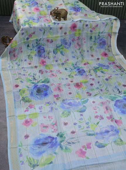 Pure banarasi organza silk saree pastel blue with floral digital prints & zari lines and zari woven border