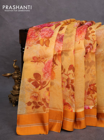 Pure banarasi organza silk saree yellow and orange with floral digital prints and simple border