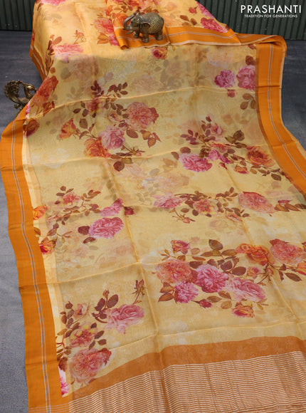 Pure banarasi organza silk saree yellow and orange with floral digital prints and simple border