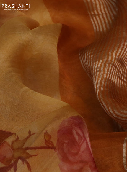 Pure banarasi organza silk saree yellow and orange with floral digital prints and simple border