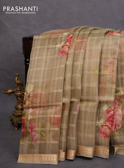 Pure banarasi organza silk saree elaichi green with floral digital prints and small zari woven border