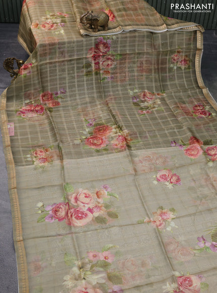 Pure banarasi organza silk saree elaichi green with floral digital prints and small zari woven border