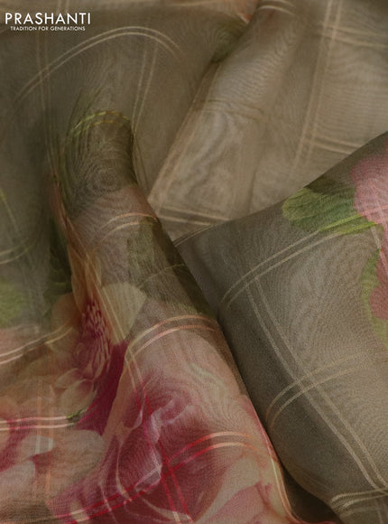 Pure banarasi organza silk saree elaichi green with floral digital prints and small zari woven border