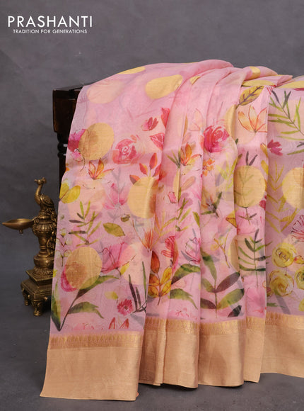 Pure banarasi organza silk saree light pink with floral prints & zari woven buttas and zari woven border