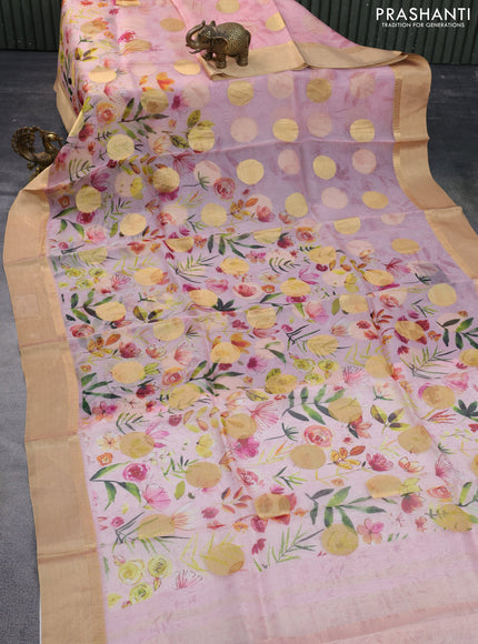 Pure banarasi organza silk saree light pink with floral prints & zari woven buttas and zari woven border