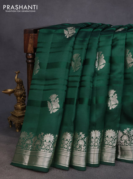 Banarasi poona silk saree green and red with silver zari woven buttas and silver zari woven border